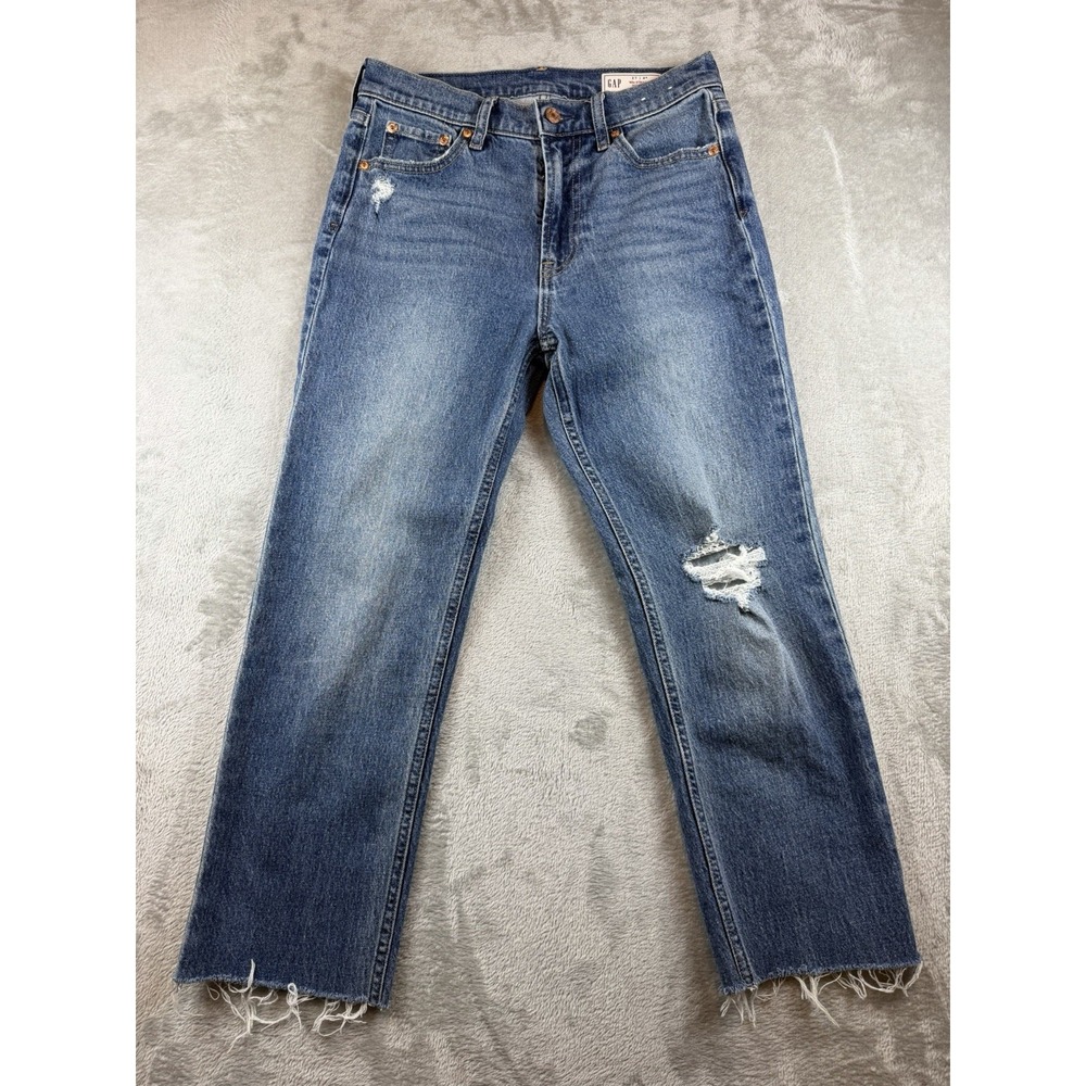 Gap Jeans Women's 90s Straight High Rise Medium Wash Distressed Raw Hem Sz 27/4
